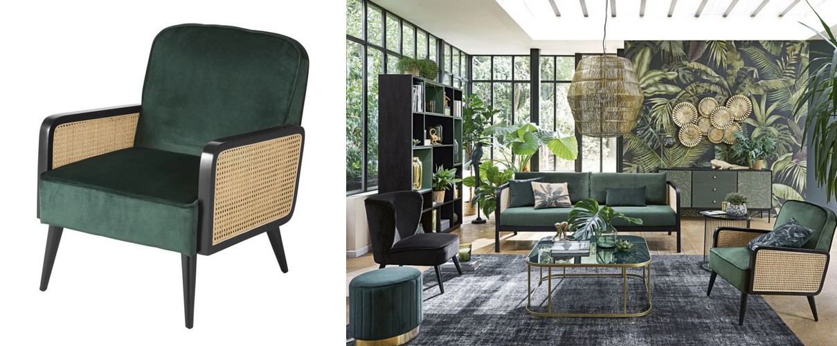 fauteuil-velours-cannage-rotin