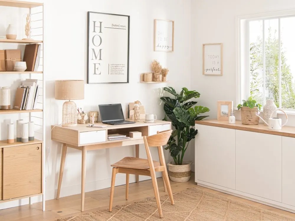 Bureau télétravail avec tiroirs - 120 cm - blanc/chêne - pieds métal blancs