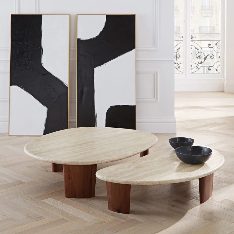 Table basse ICONIC plateau en céramique effet travertin - Pieds finition noyer - 120 cm REF 59