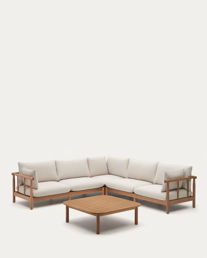 Ensemble Sacova canapé d'angle 5 places et table basse en bois d'eucalyptus massif FSC 100%