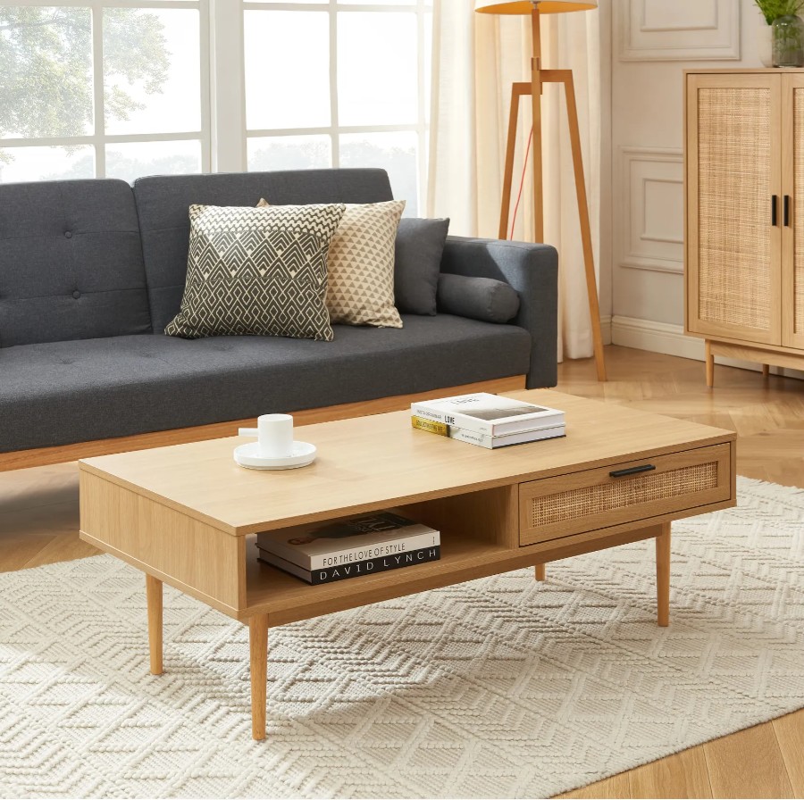 Table Basse Amana Effet Chêne Et Cannage Rotin 2 Tiroirs
