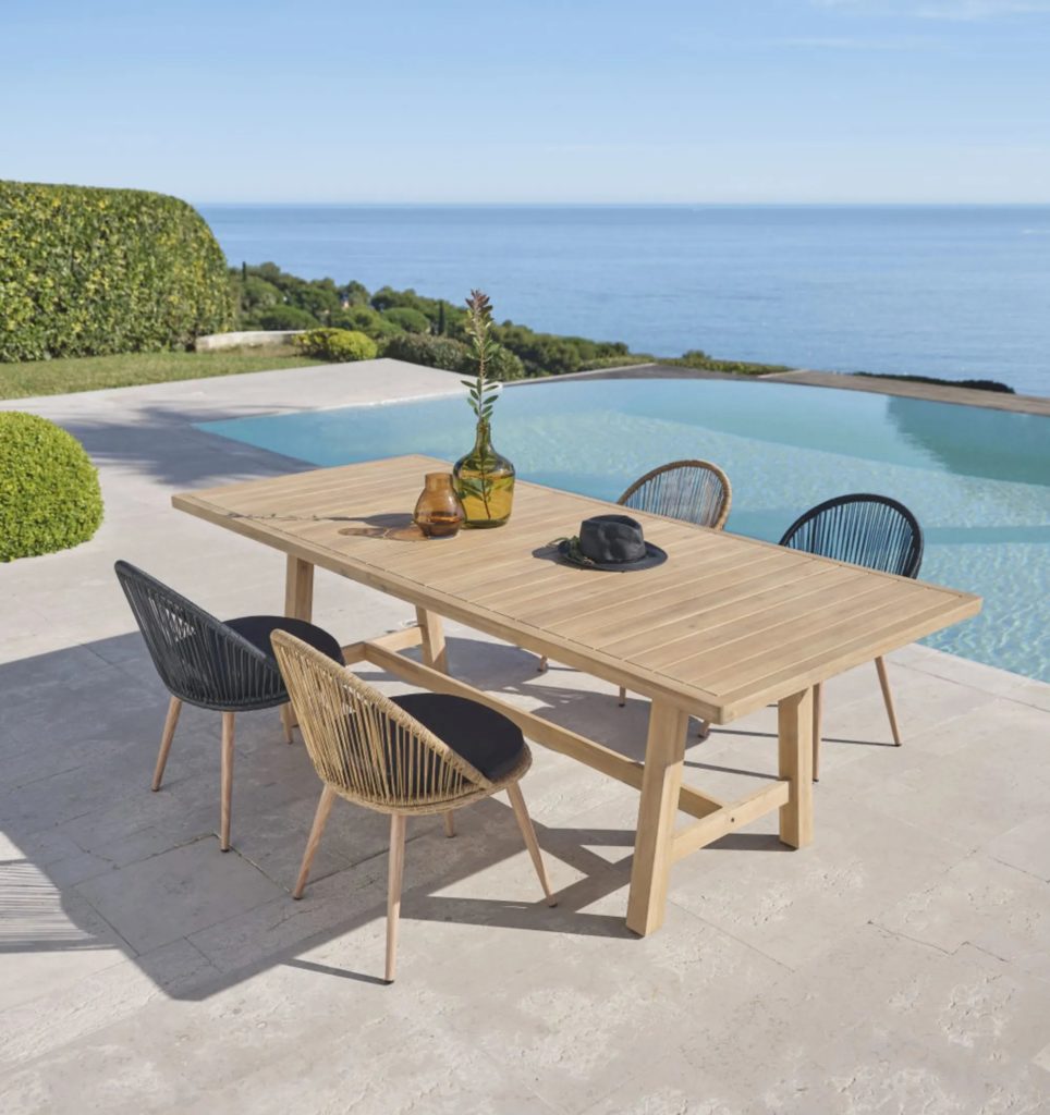 Table de jardin professionnelle en acacia imitation teck blanchi 6/8 personnes L230