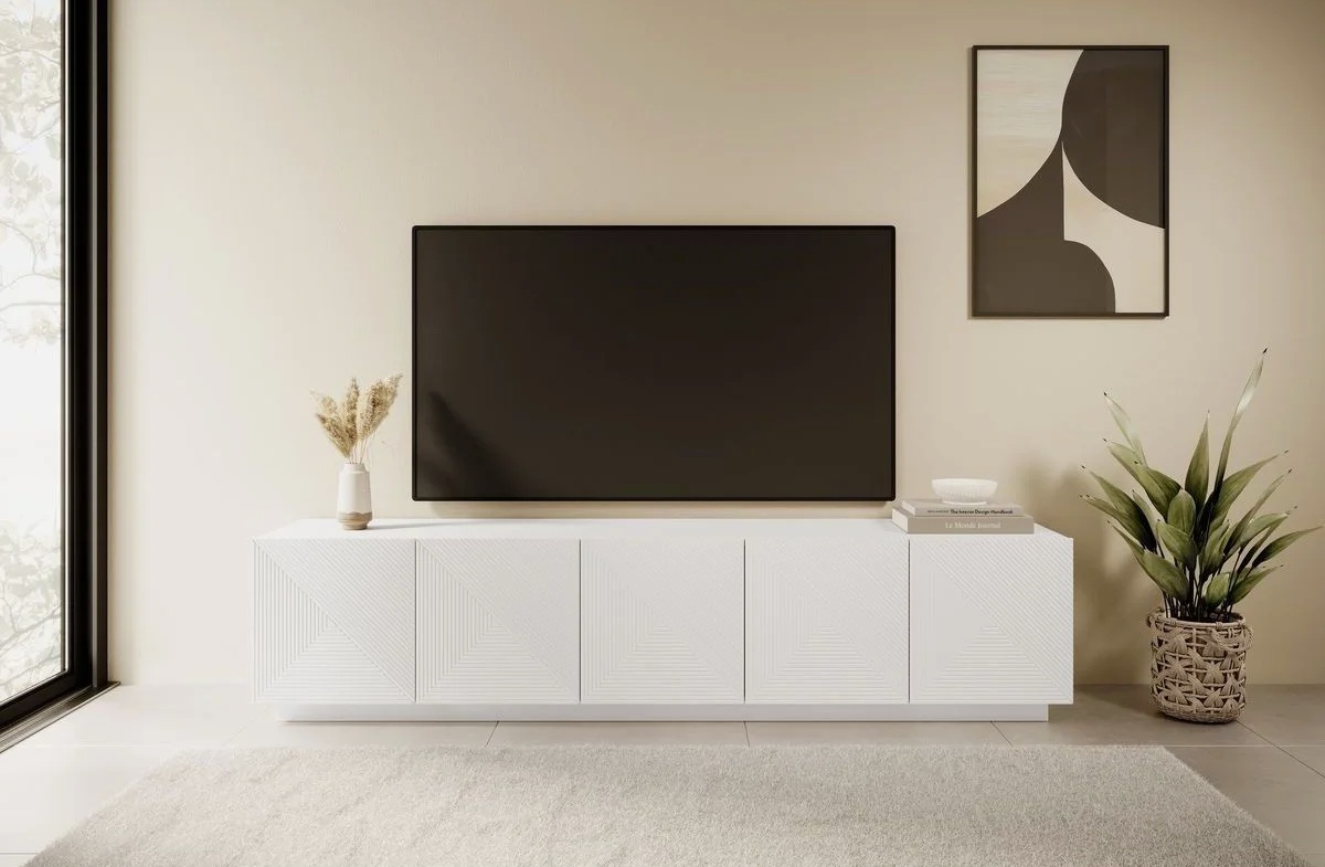 Meuble TV Blanc Brillant 200 Cm Avec LED RGB - 2 Tiroirs, Étagères En Verre, Capacité 30 Kg, Pour Salon Ou Chambre