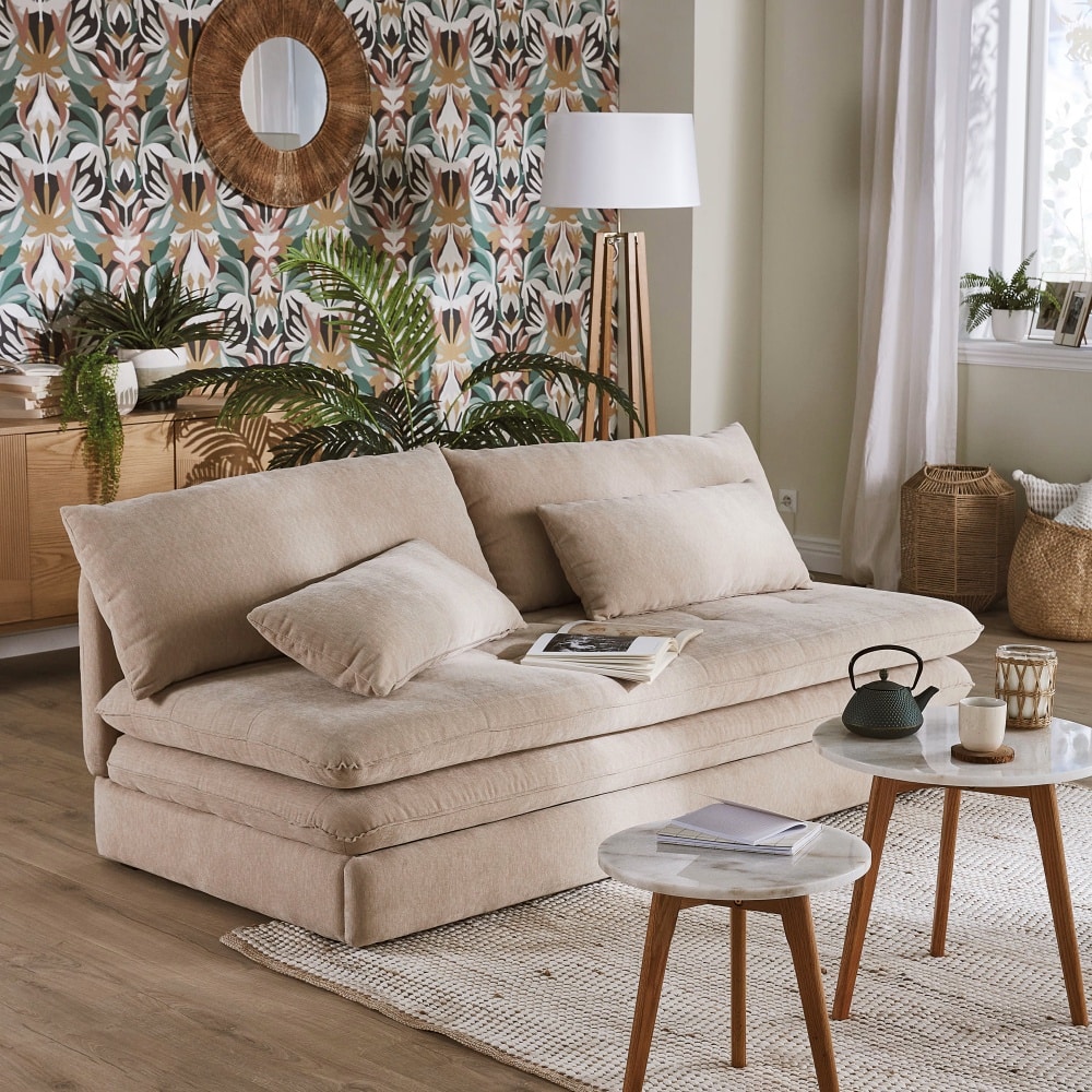 Canapé convertible 2/3 places en tissu recyclé beige