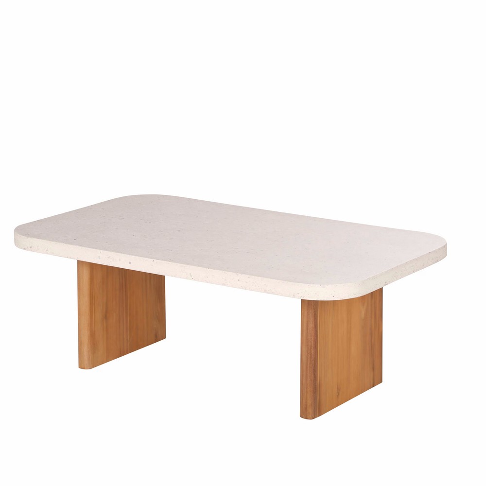  Table basse de jardin en pierre et ciment effet terrazzo écru et bois de teck L110